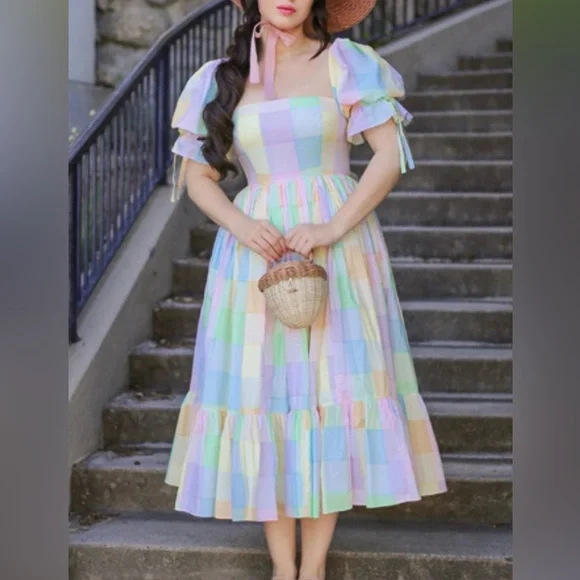 Selkie The Brunch Market Dress Pastel Plaid Puff Sleeve Midi NWT Size 2X - Picture 1 of 10